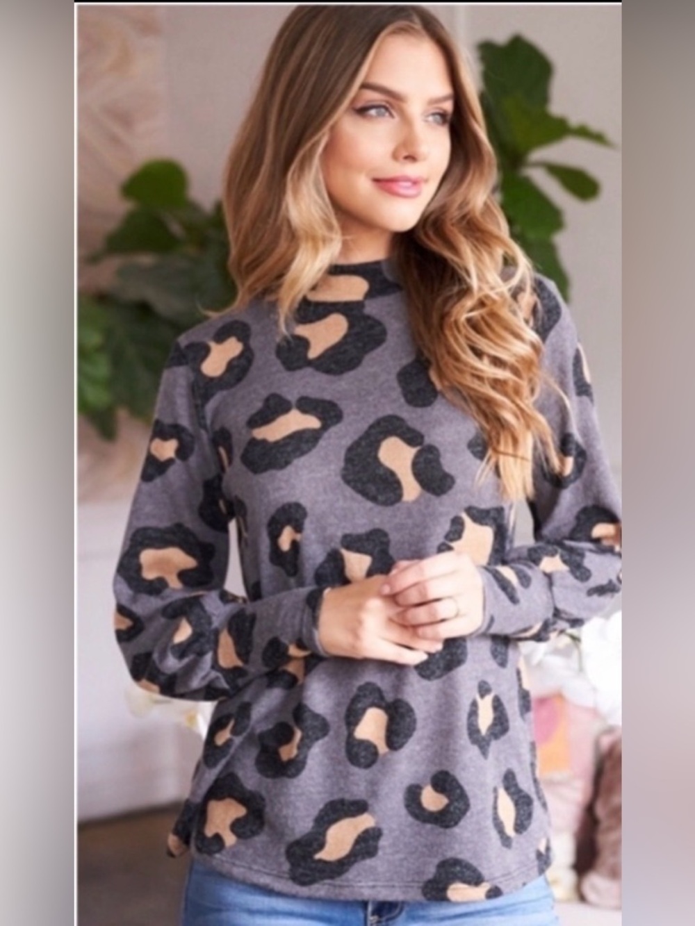 New Women’s Gray Beige Black Leopard Print Comfy Fall Mock Neck Fall Top